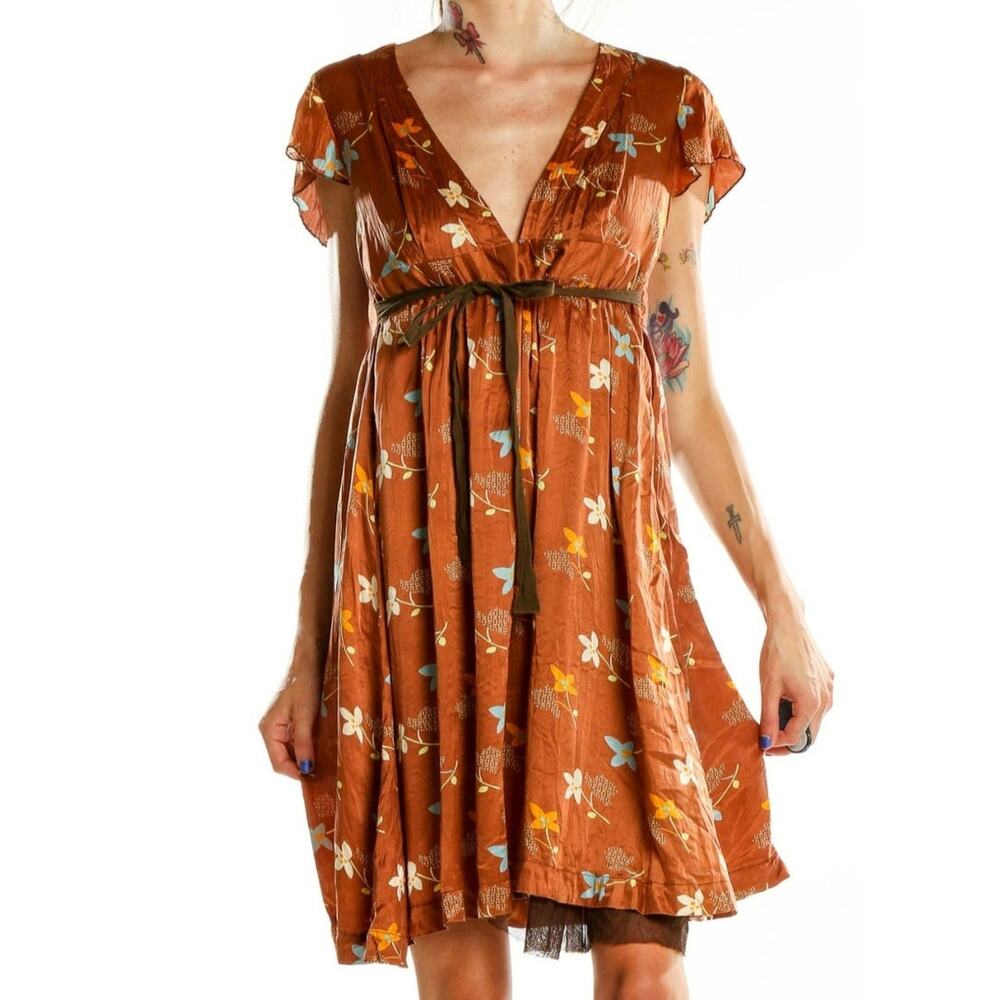 Free People Silk Rust Floral Mini Dress with Blue & Cream Accents